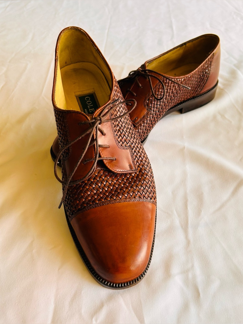 Vtg Cole Haan Men’s Brogano Woven Leather Cap-Toe Oxfords Made in Italy